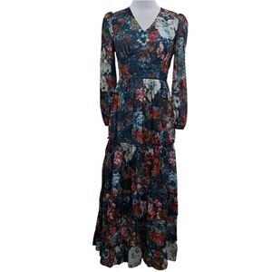 Glamorous Elegant Floral Print V-Neck Tiered Boho Chic Maxi Party Dress Small